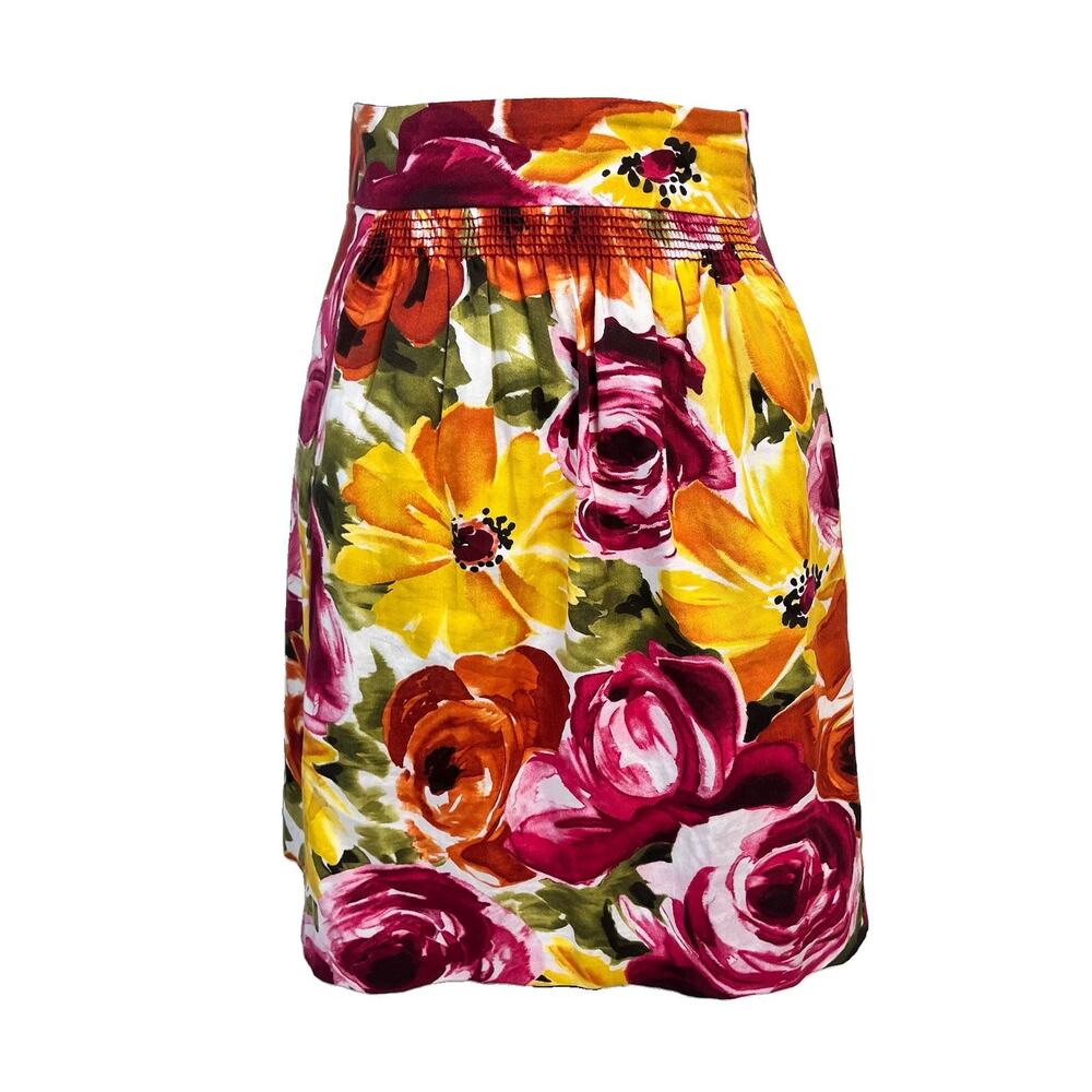 Odille Anthropologie Skirt size 4 Pink Yellow Orange Floral Smocking A Line Knee